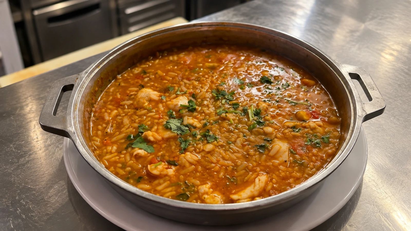 Arroz de garoupa com gambas servido no tacho