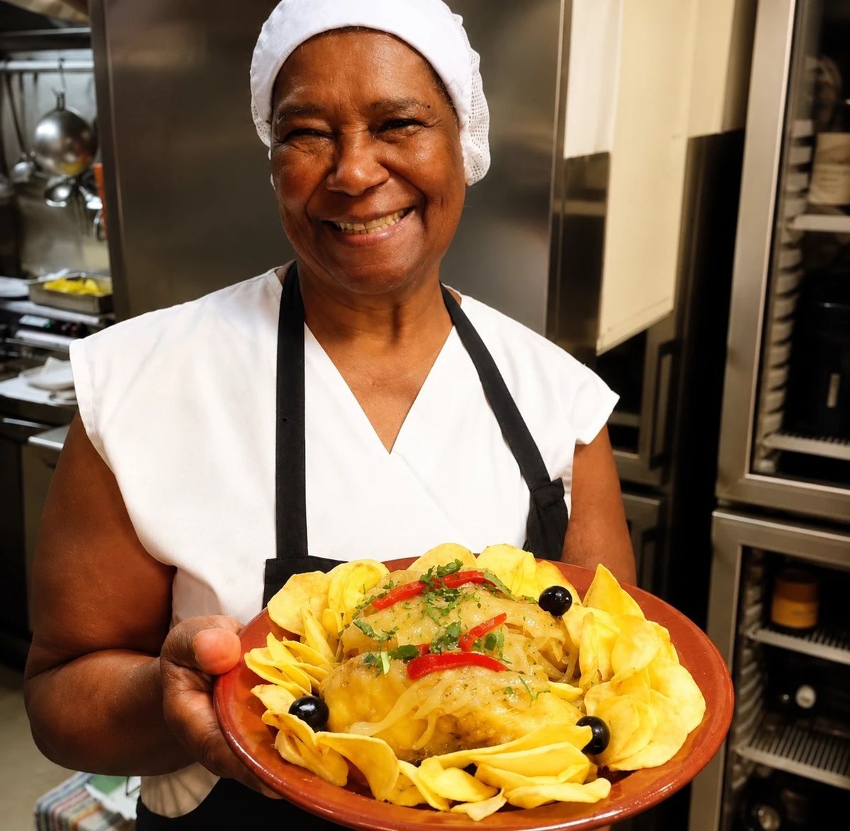 A Camila, a nossa cozinheira, mostra um prato acabado de fazer